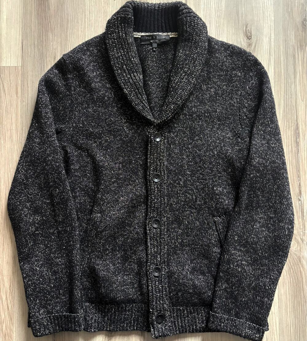 Rag & Bone Landon Black Wool And Linen Blend Shawl Collar Cardigan Mens Sz LRG